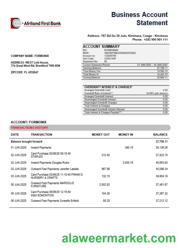 Congo Afriland First Bank business firm account bank statement Word and PDF format